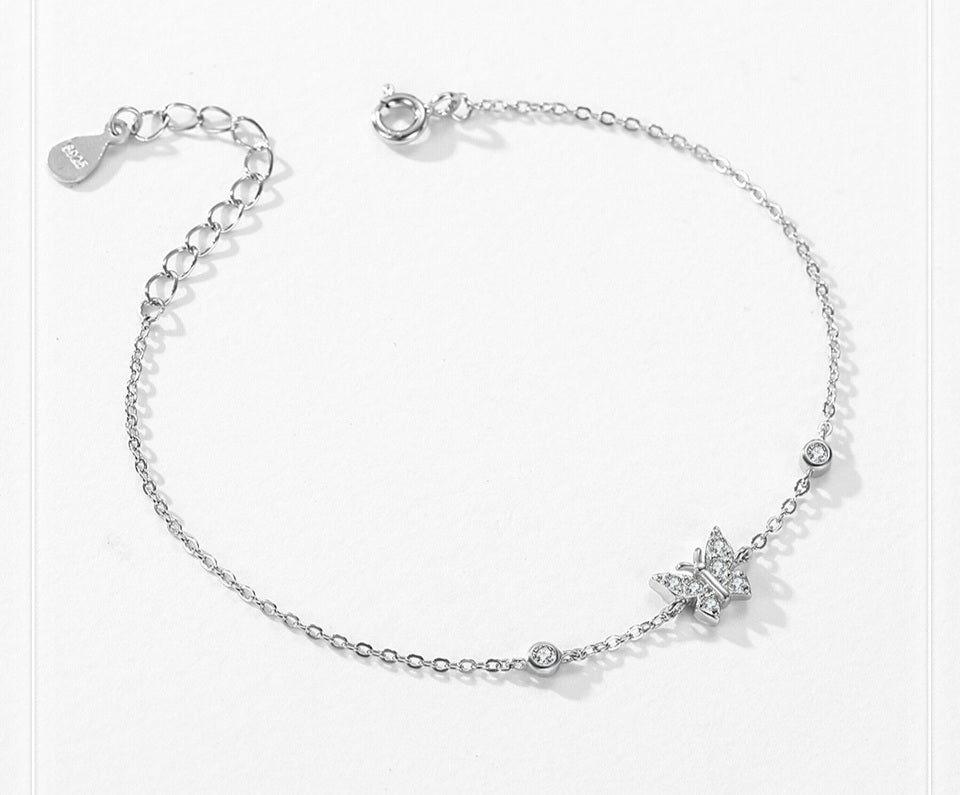 AELIANA  - Sterling Silver 925 Butterfly Cubic Zirconia Diamond Royal Royalty Chain Bracelet