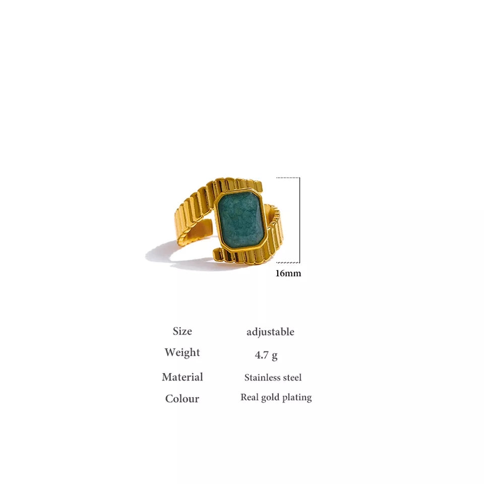 MINX - Square Design Layered Adjustable 18K Gold Plated Ring - Waterproof Natural Stone Collection