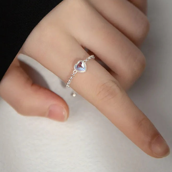 ROZANNE - Pull Chain Sterling Silver Adjustable Ring with Heart Moonstone - Trending Gifts For Her + Plus Size Edition