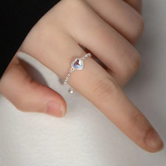 ROZANNE - Pull Chain Sterling Silver Adjustable Ring with Heart Moonstone - Trending Gifts For Her + Plus extended chain Size Edition