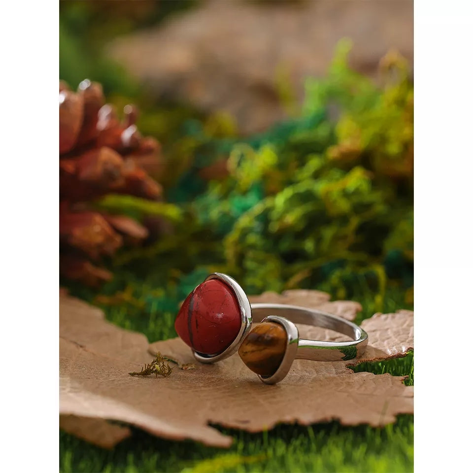 ARUNA  - Red Agate / Tiger eye parallel Adjustable Curve Ring - Waterproof Natural Stone Collection