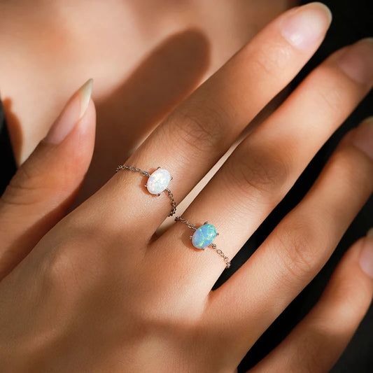 THORA - Pull Chain Sterling Silver Adjustable Ring With Natural Opal Mysterious Unique - Trending Gifts For Girls / Hers