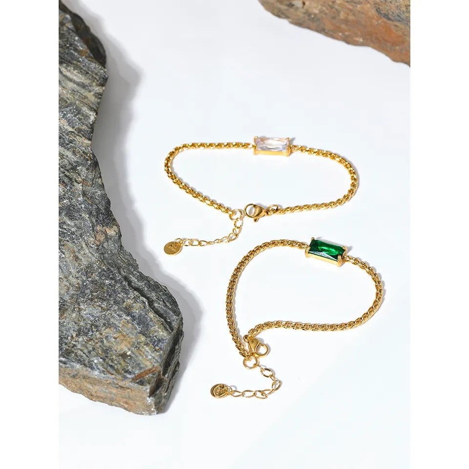 TAZEEN - New Simple Rectangle Diamond Trending Crystal Gem Chain Bracelet - Gold Collection
