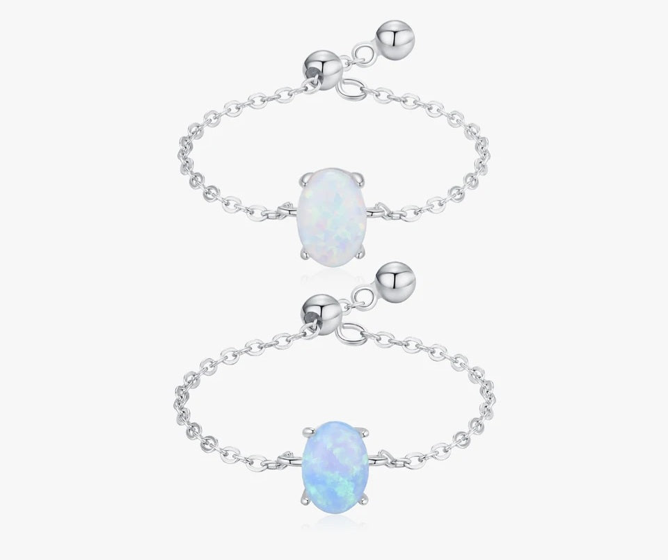 THORA - Pull Chain Sterling Silver Adjustable Ring With Natural Opal Mysterious Unique - Trending Gifts For Girls / Hers