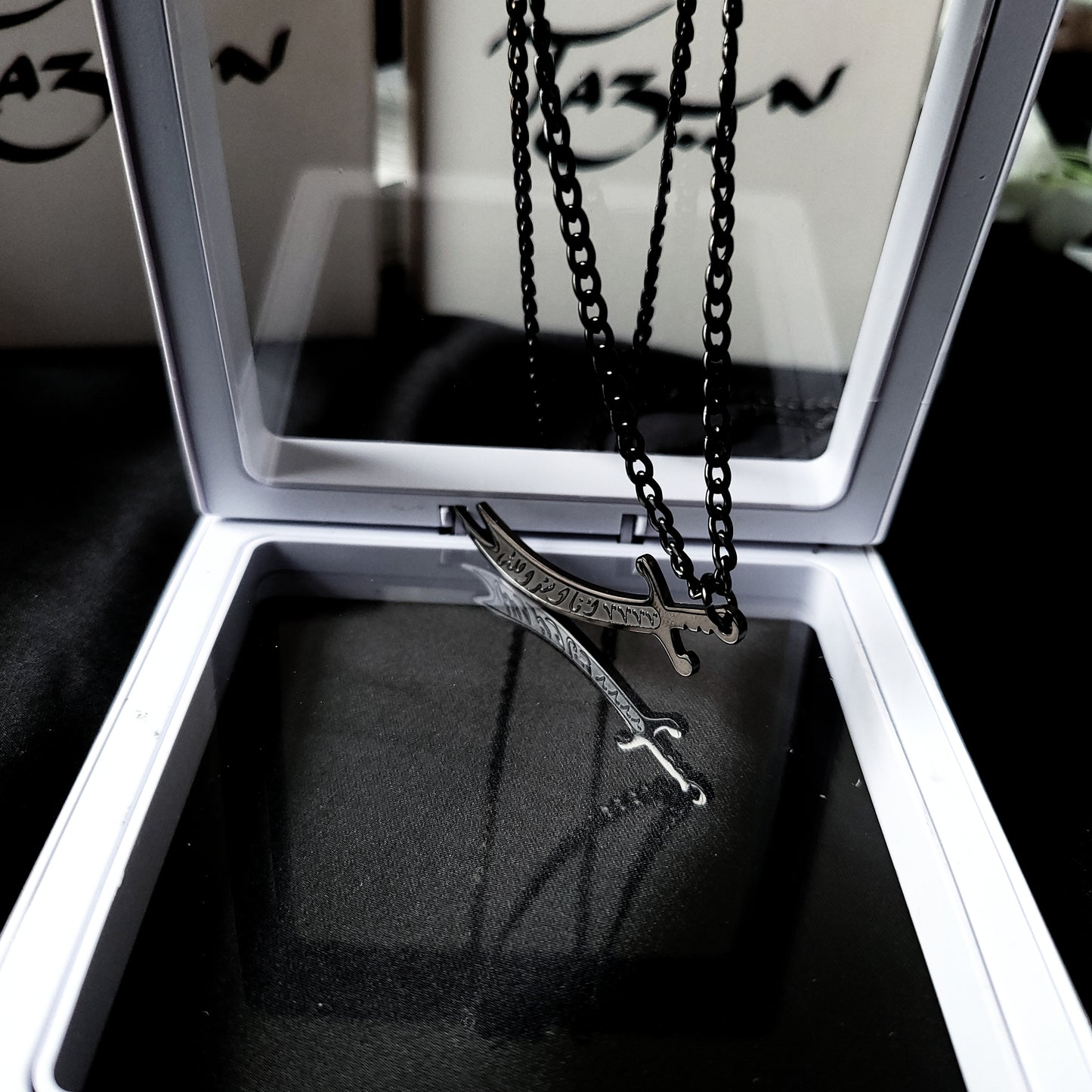 DEEN - Zulfiqar Sword - Mens Arabic Pendant Necklace Silver or Black for Men - Islamic Motivational Inspirational Gift