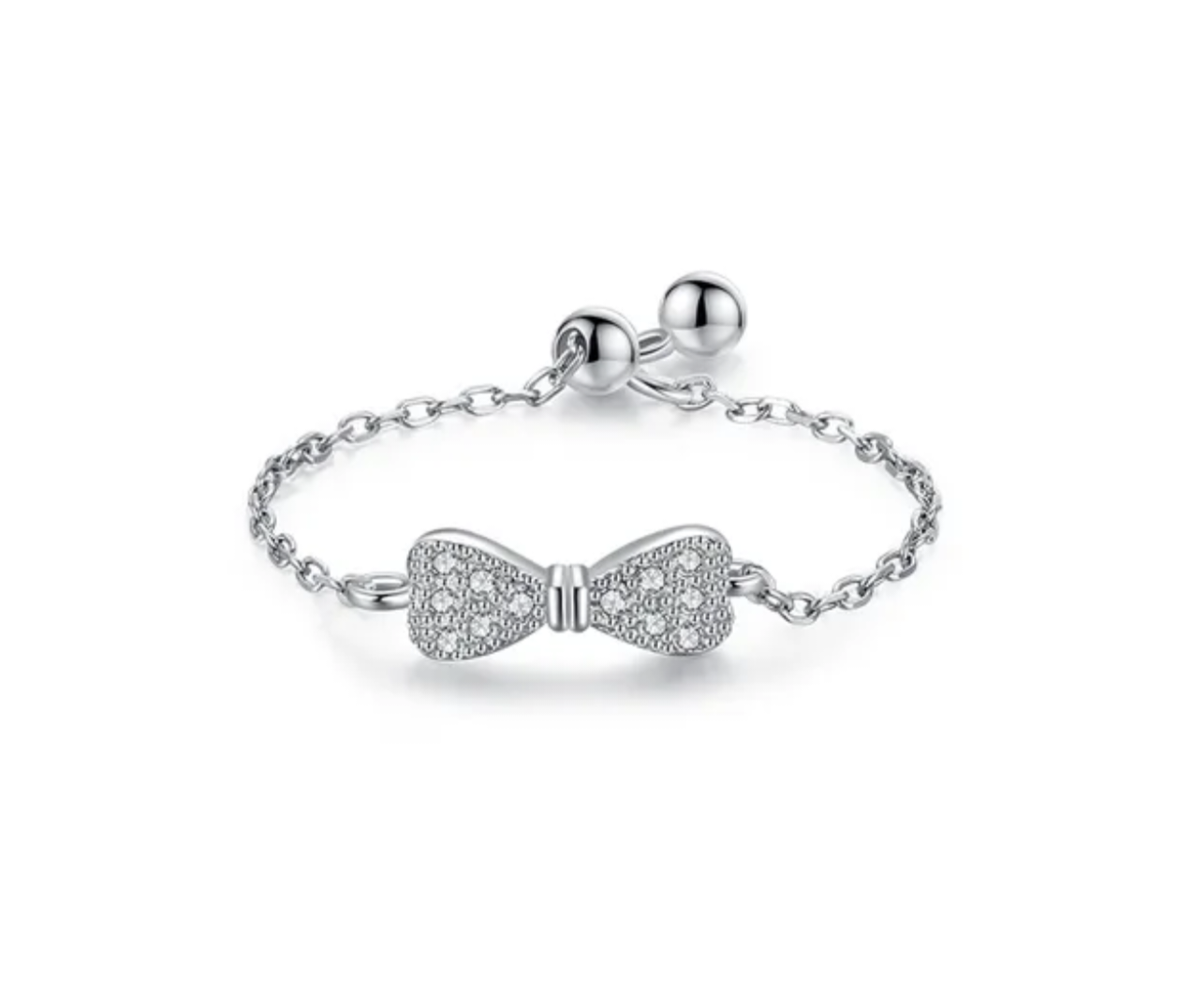HONEY  - Sterling Silver Cubic Zirconia Diamond Bowtie Barbie Inspired QueenBee Adjustable Pull Chain Ring - Trending Jewellery Gifts - Hers