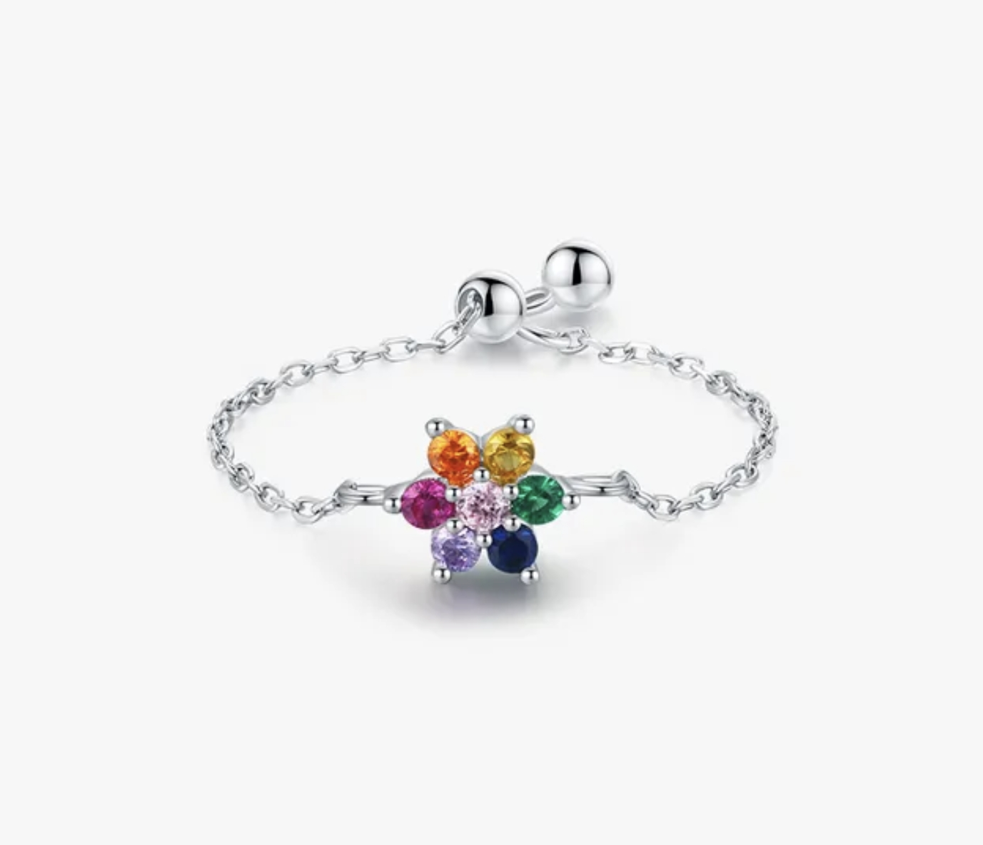 SUMMER  - Sterling Silver Cubic Zirconia Diamond Rainbow Colourful Spring Flower Princess Adjustable Pull Chain Ring - Birthday Funday Graduation
