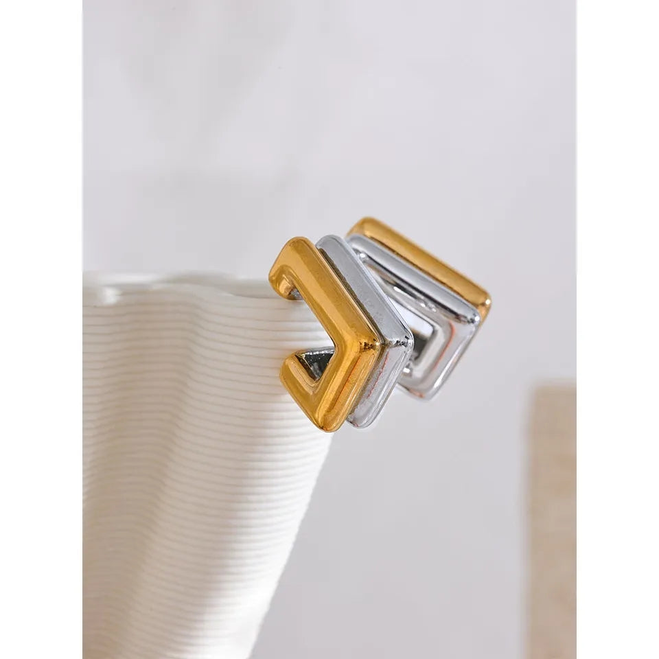 AURYN - Elegant Right Angle Two Tone Double Colour Mirror Finish Luxurious Stud Earrings