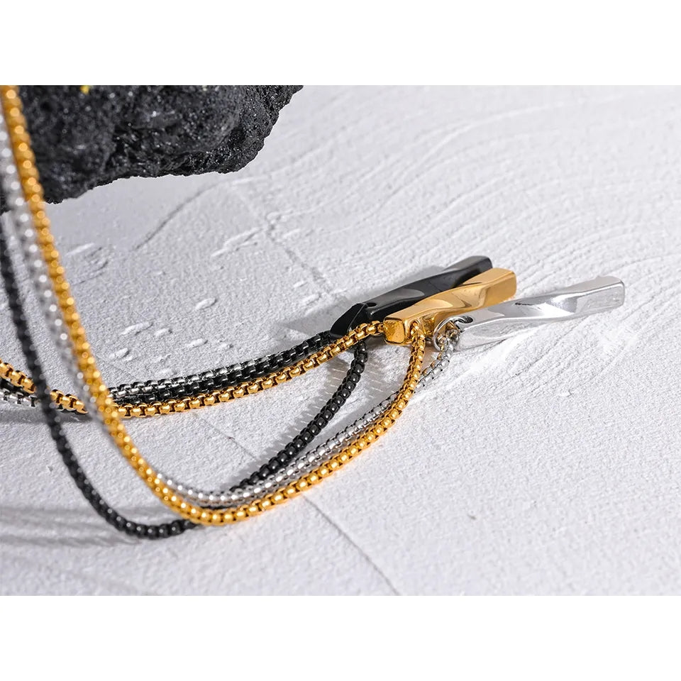ARMAN - Twist Rectangle Drop 3D Bar Mirror Finish Pendant Necklace - Unisex - Silver / Black for Men and 18K Gold for Women