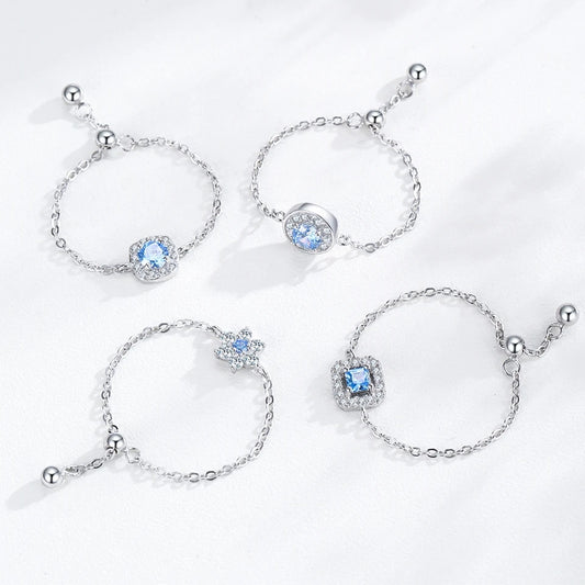 SUMMER - Baby Blue Edition Sterling Silver S925 Baby Shower ideas Party Cubic Zirconia Diamond Edge Adjustable Pull Chain Ring