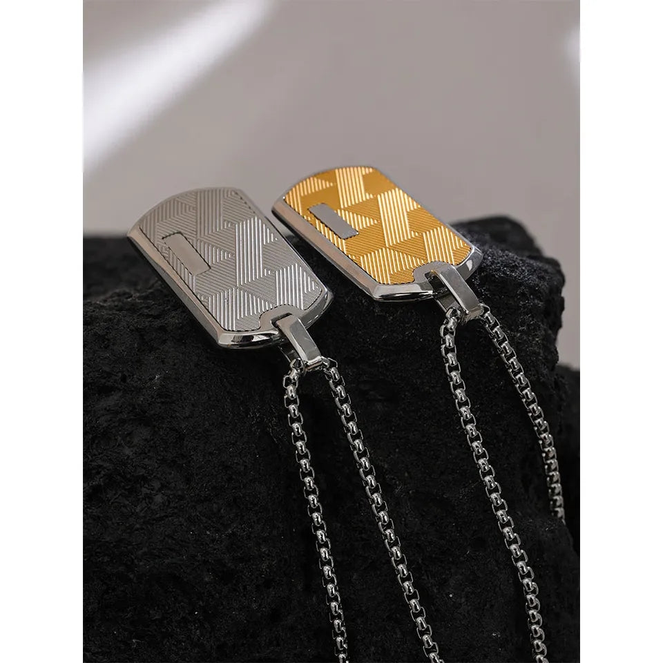 SHAQEEL - Rectangle Dog Tag Textured Geometric Pattern Pendant Thick Chain Necklace - Mens - For Him