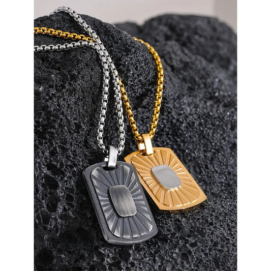 ALI - Rectangle Dog Tag Textured Sunshine Pattern Pendant Thick Chain Necklace - Mens - For Him