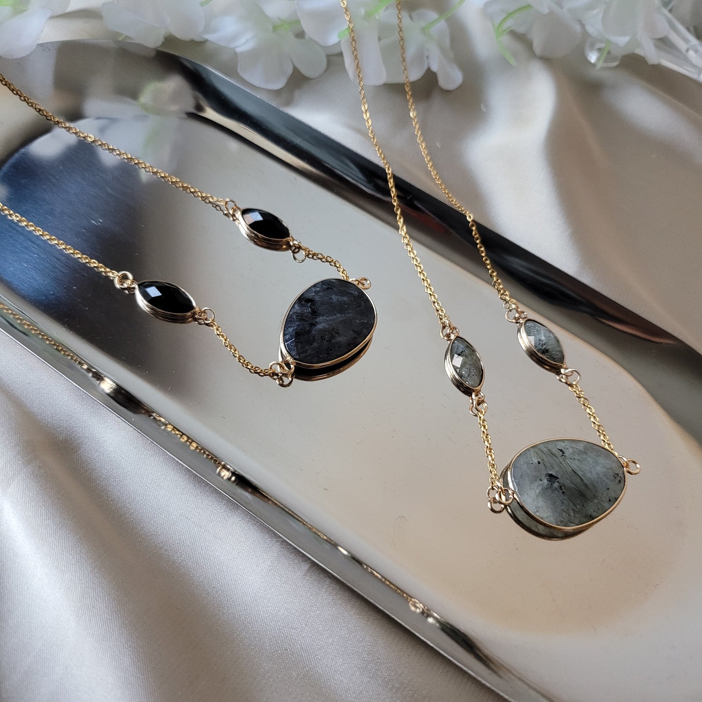SHAIMINA - Exquisite Combo Rock Stone Natural Semi Precious Stone Crystal Gemstone Design Pendant Necklace  - Long Matinee Hijab Hijabi Gold Chain - Trending Jewellery  '23