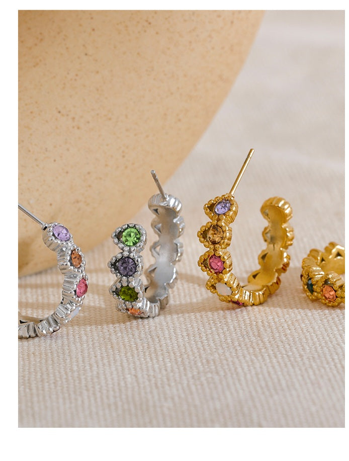 ALMAS - Unique Geometric Golden Diamond Cubic Zirconia Dark Rainbow Colourful Stud Cirlcle Antique Hoop Earrings