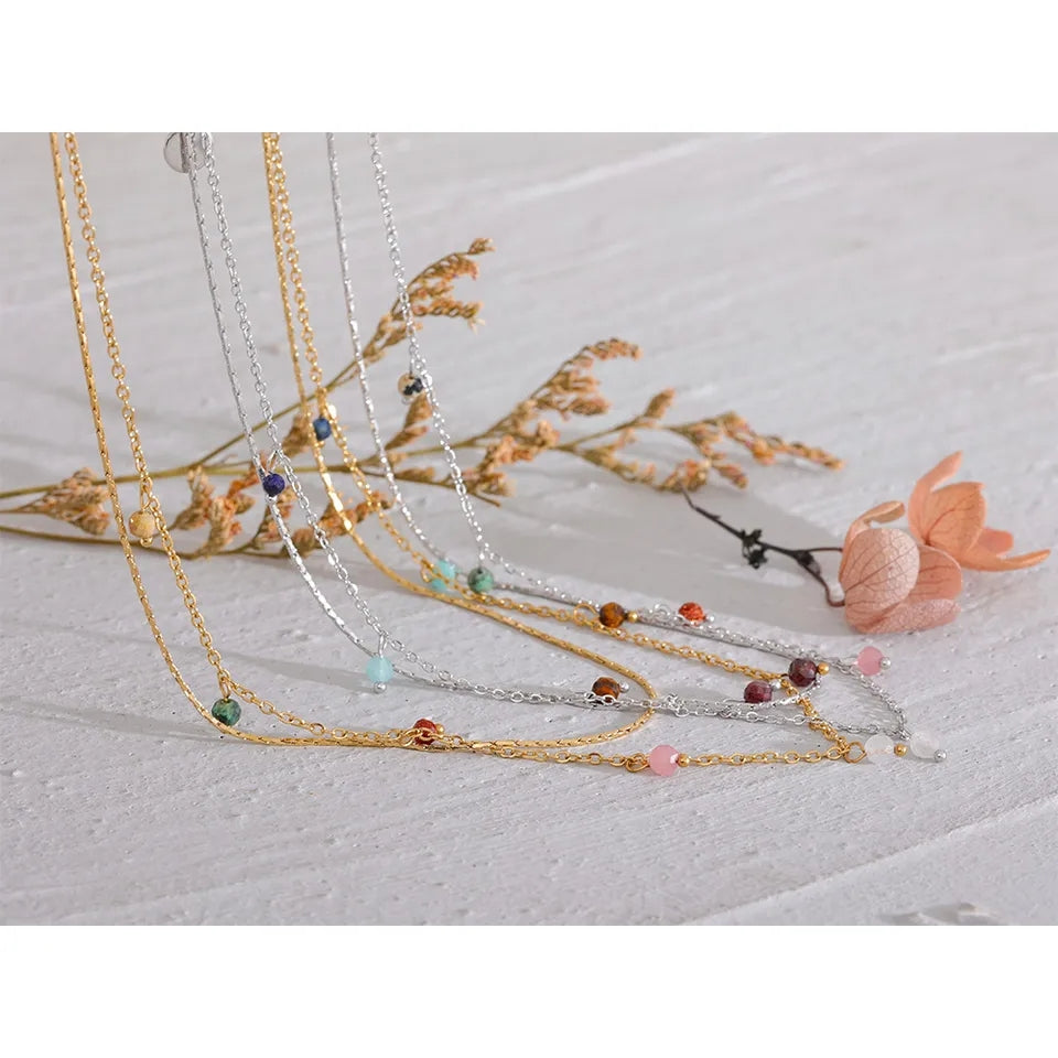 Double Layered Thin Chain Natural Stone Necklace - Jewellery Everyday Essentials gifts - TULIP