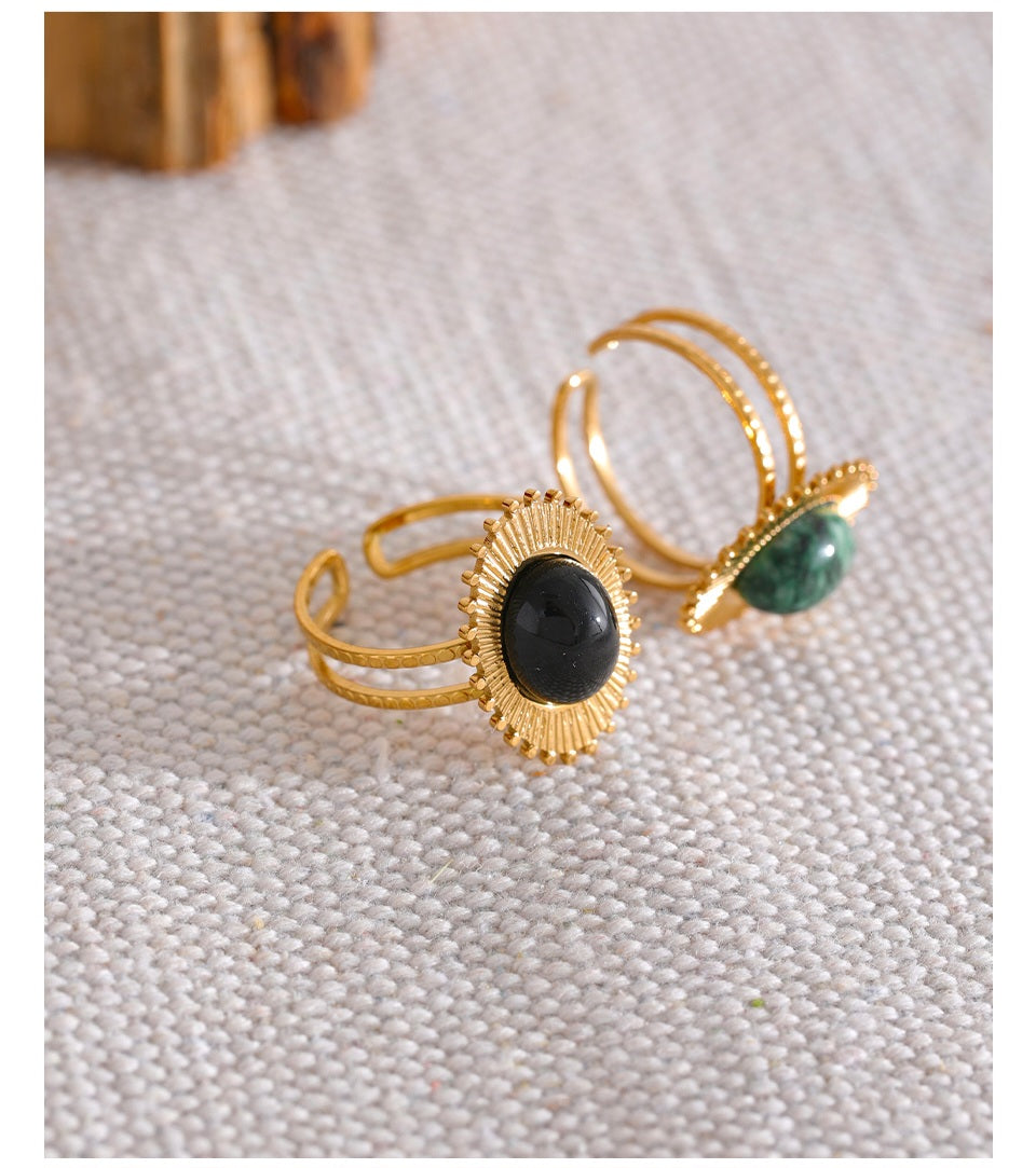 DARKNESS  - Black Agate Oval Adjustable Curve Ring - Waterproof Natural Stone Collection