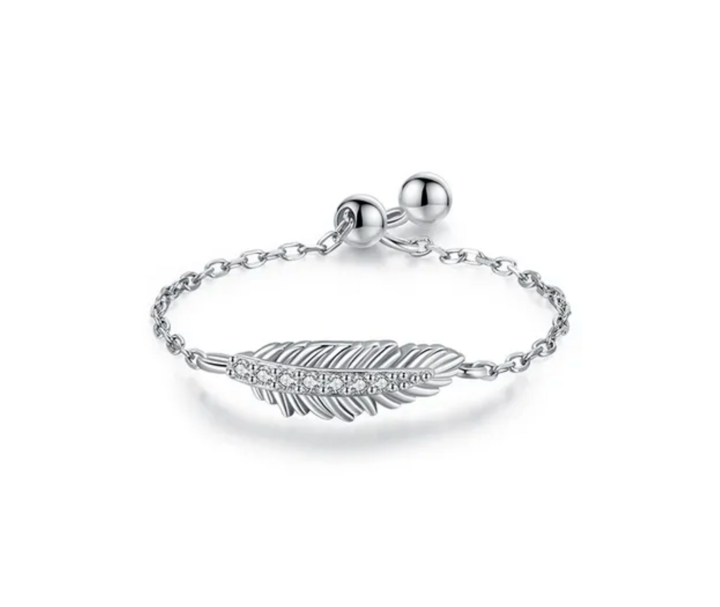 YARA - Sterling Silver Cubic Zirconia Diamond Feather Light Adjustable Pull Chain Ring - Trending Jewellery Gifts - Hers