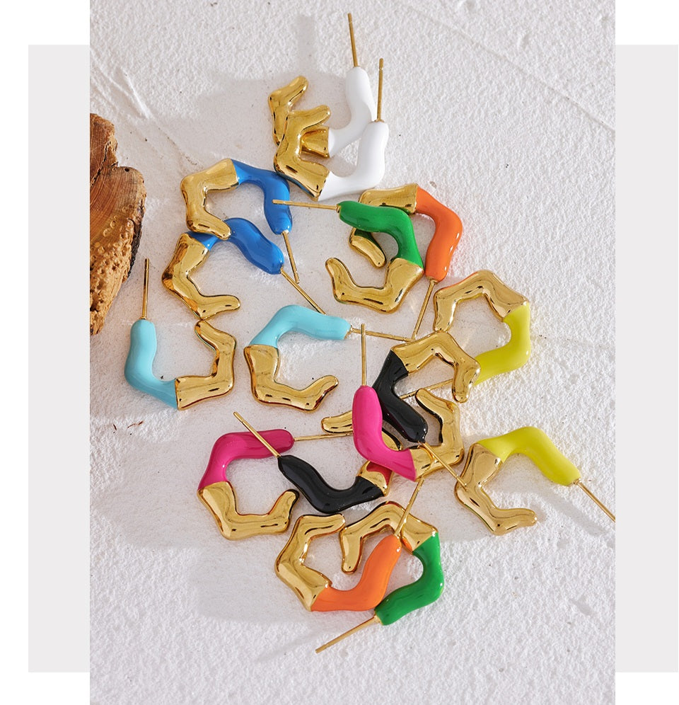 COTTON CANDY - Luxury Hexagonal Geometric Irregular Stud Colourful Enamel Hoop Earrings