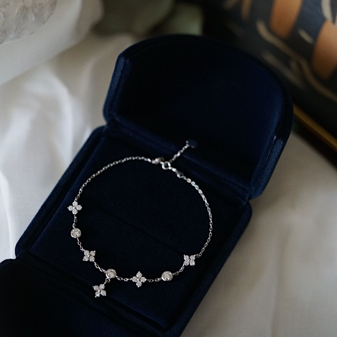 FLORA DELUXE  - Sterling Silver S925 Flower Floral Cubic Zirconia Diamond Delicate Dainty Chain Bracelet - Giving Royalty Vibes