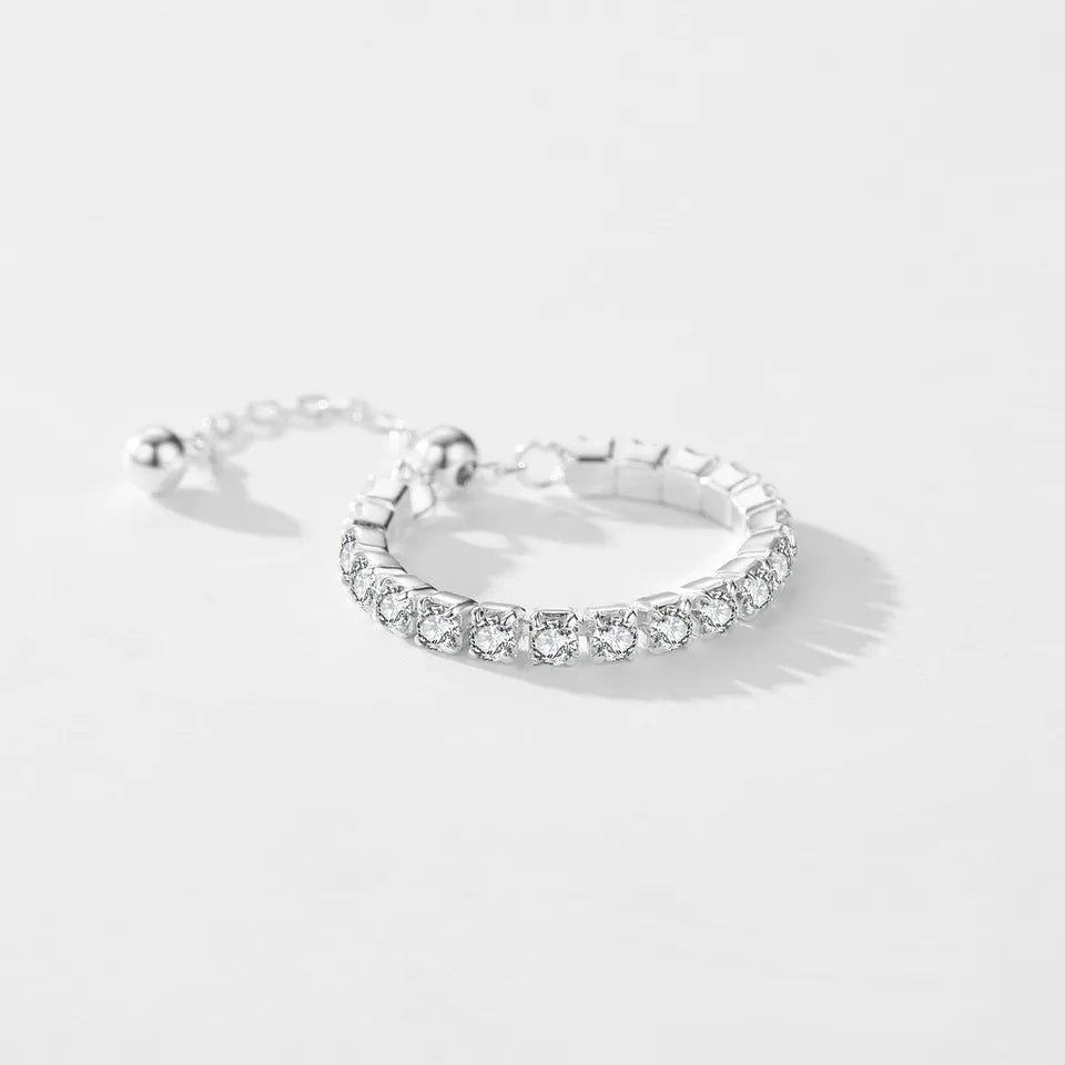 MIMI - Sterling Silver Cubic Zirconia Diamond Band Queen Adjustable Pull Chain Ring - Trending Jewellery Gifts - Hers / Plus Size