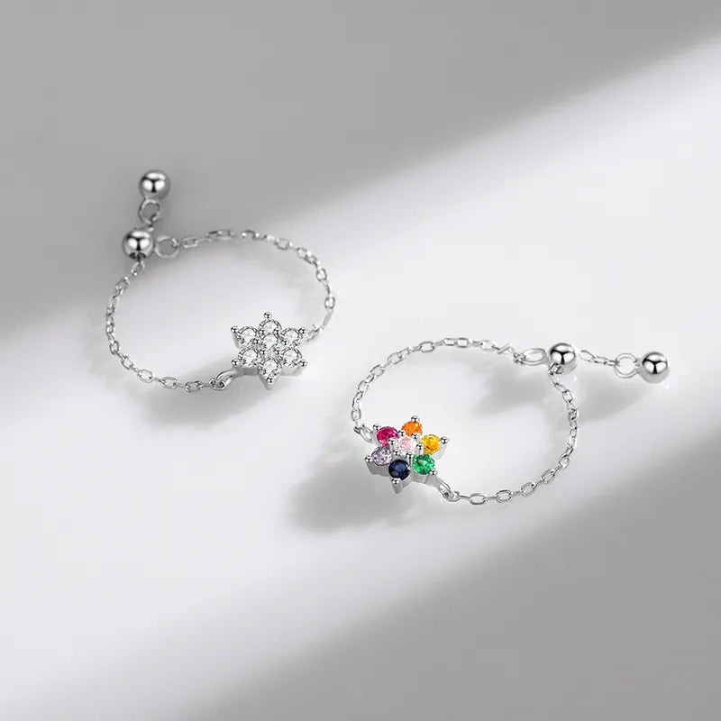SUMMER  - Sterling Silver Cubic Zirconia Diamond Rainbow Colourful Spring Flower Princess Adjustable Pull Chain Ring - Birthday Funday Graduation