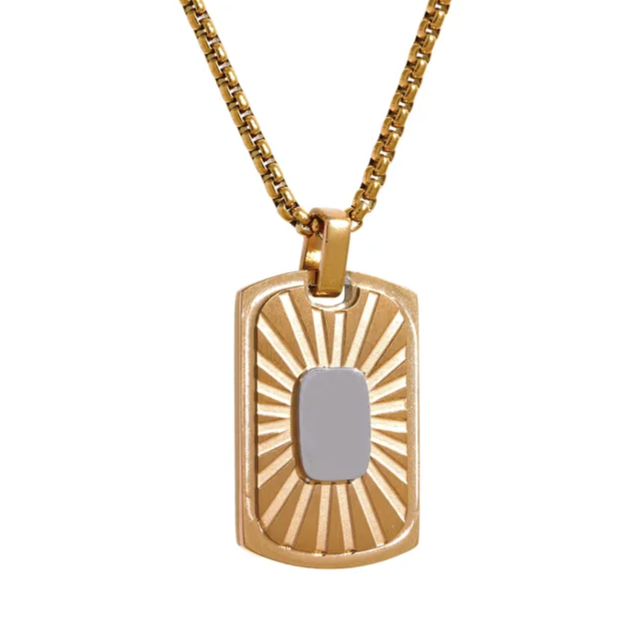 ALI - Rectangle Dog Tag Textured Sunshine Pattern Pendant Thick Chain Necklace - Mens - For Him