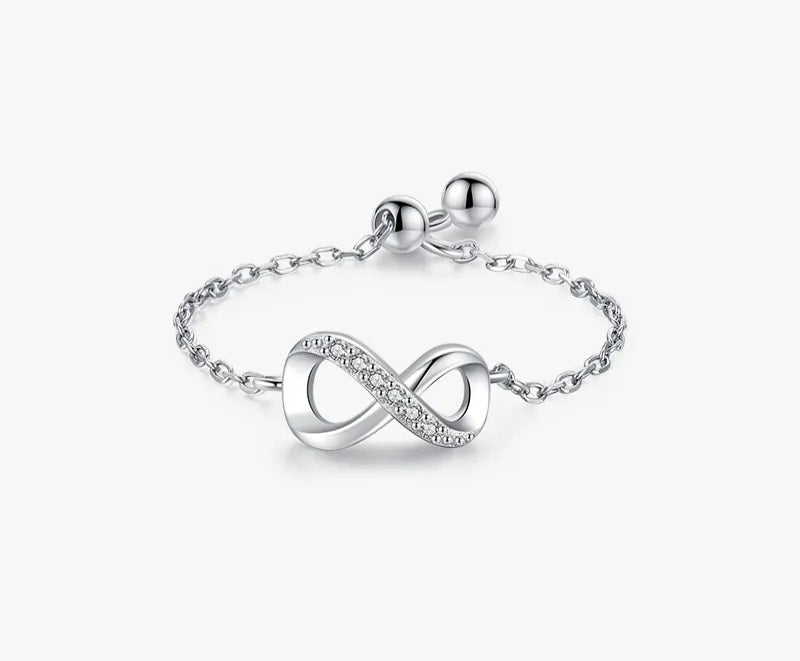 MABEL SUKI  - Sterling Silver Love That Lasts Forever Infinity Cubic Zirconia Diamond Adjustable Pull Chain Ring -  Me Myself & I