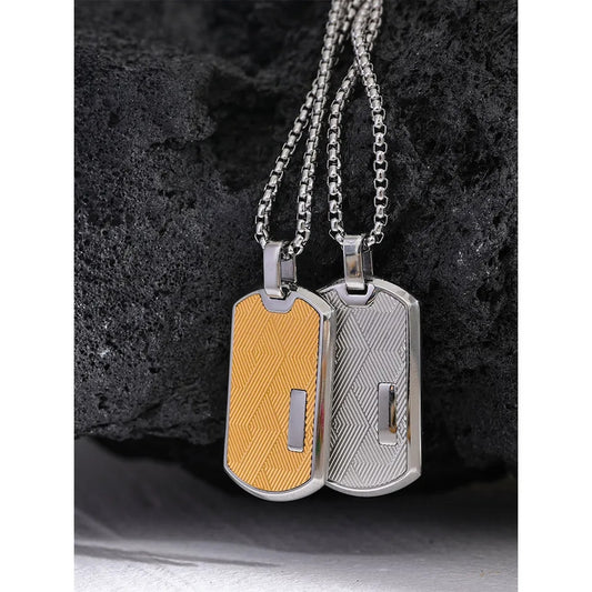 SHAQEEL - Rectangle Dog Tag Textured Geometric Pattern Pendant Thick Chain Necklace - Mens - For Him