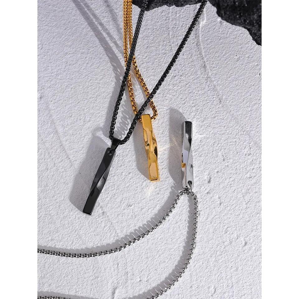 ARMAN - Twist Rectangle Drop 3D Bar Mirror Finish Pendant Necklace - Unisex - Silver / Black for Men and 18K Gold for Women