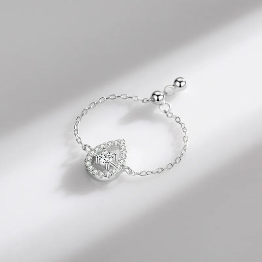 NOVA  - Sterling Silver TearDrop Cubic Zirconia Large Diamond Royal Royalty Adjustable Pull Chain Ring -  Anniversary Style