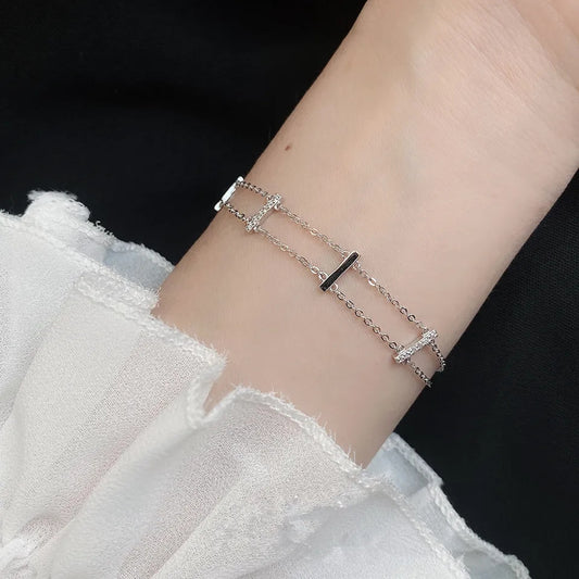 ALICIA  - Sterling Silver S925 Layered Double Layer Verticle Bars Cubic Zirconia Diamond Delicate Dainty Chain Bracelet - Giving Royalty Vibes