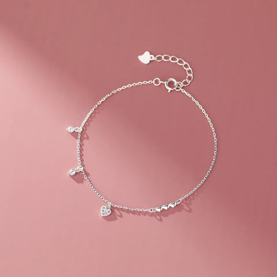 MINX DELUXE - Sterling Silver S925 Love Heart Cubic Zirconia Diamond Delicate Dainty Chain Bracelet - Giving Royalty Vibes