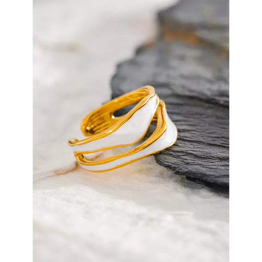 MINA ROSE - Luxury Irregular Vintage Wide Enamel White & Gold Ring - Eid Collection