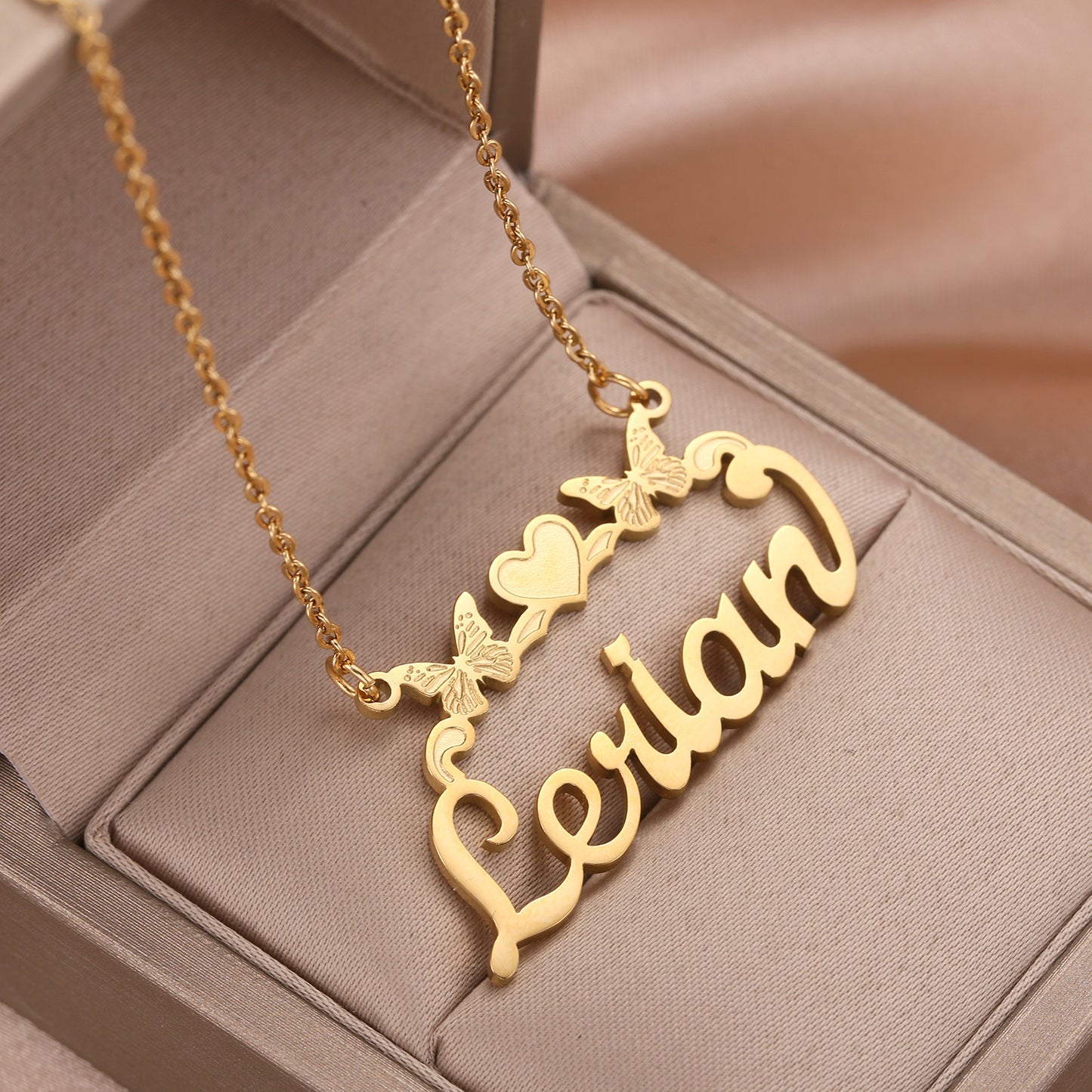 Personalised Bespoke Girls Single Name Necklace - Butterflies Hearts Ribbon - Baby Kids Jewellery Arabic English - Gift Birthday  - AMELIA