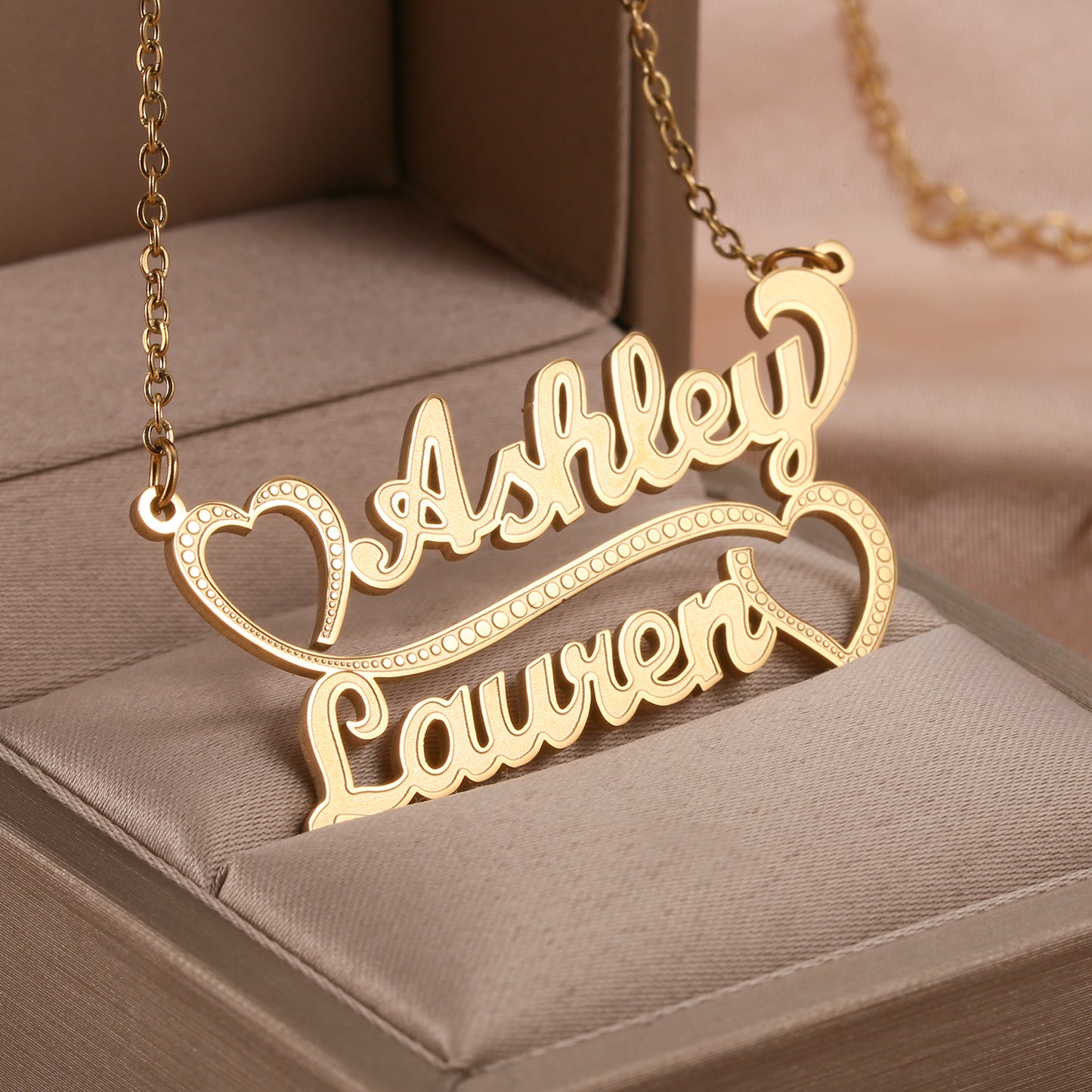 Personalised Double Name Necklace - Swirls and Love Hearts design - LIANA