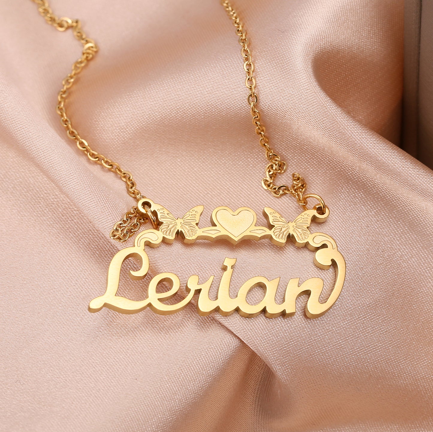 Personalised Bespoke Girls Single Name Necklace - Butterflies Hearts Ribbon - Baby Kids Jewellery Arabic English - Gift Birthday  - AMELIA