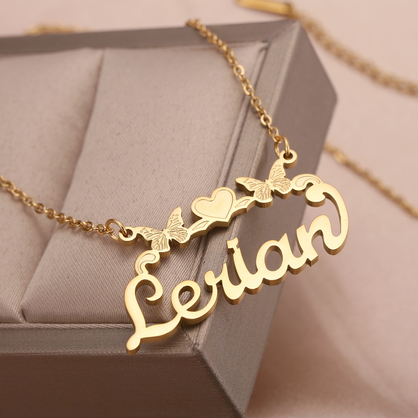 Personalised Single Name Necklace - Ribbon, Butterflies & Hearts Custom For Her Cute Unique Jewellery Gift in Arabic or English -  Anaya