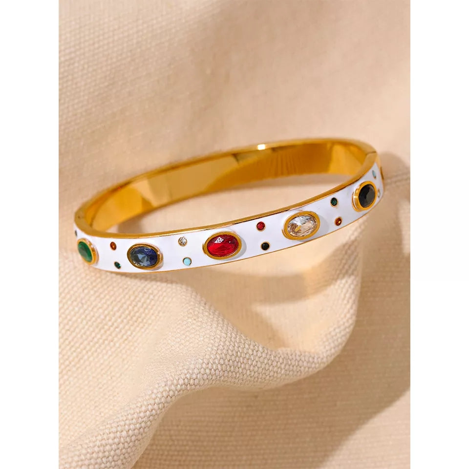 IARA - Luxury Multicoloured Diamante Diamond Stone White Enamel 18K Gold Plated Bangle Cuff - Ramadhan /Eid / Golden Collection