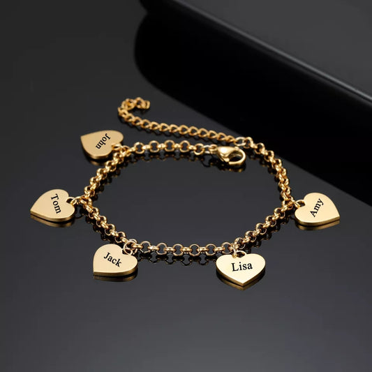 Personalised Custom Name Bracelet -  Family Heart Engraved Engraving Pendants - Arabic English Forever Jewellery Gift Parents Siblings -  IANIRA