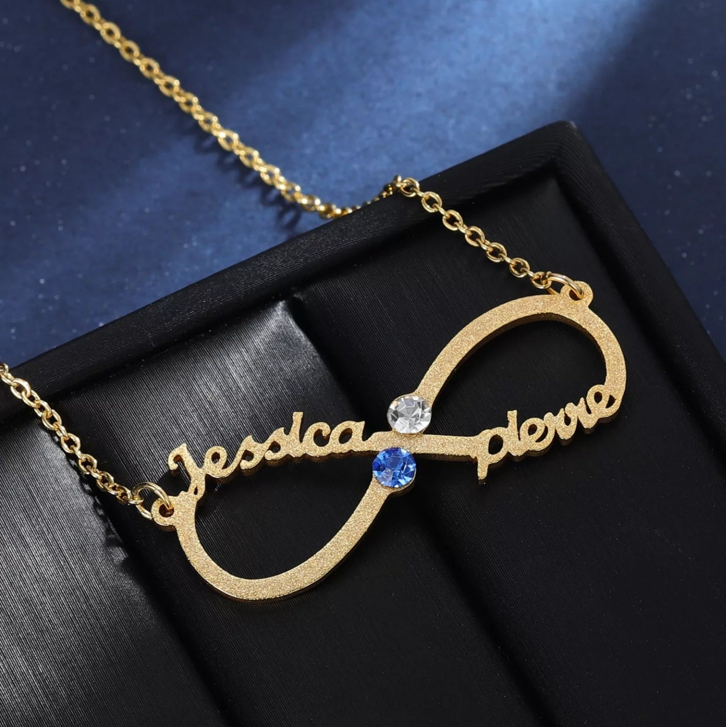 Personalised Double Two Name & Birthstone Infinity Necklace - Maya Love in Arabic or English Couple Jewellery Gift - LEYA