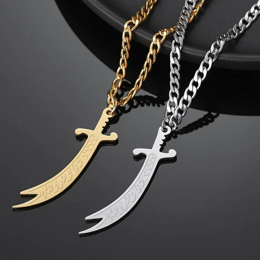 DEEN - Zulfiqar Sword - Arabic Pendant Necklace - Unisex - Silver / Black for Men and 18K gold / Rose Gold for women - Islamic Motivational Inspirational Gift - Made to Order