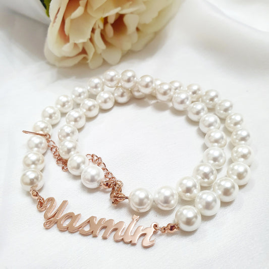 Personalised Custom Single Name Necklace - Arabic English Freshwater Pearl Chain Jewellery Gift - Eid Birthday Anniversary Present - EVE