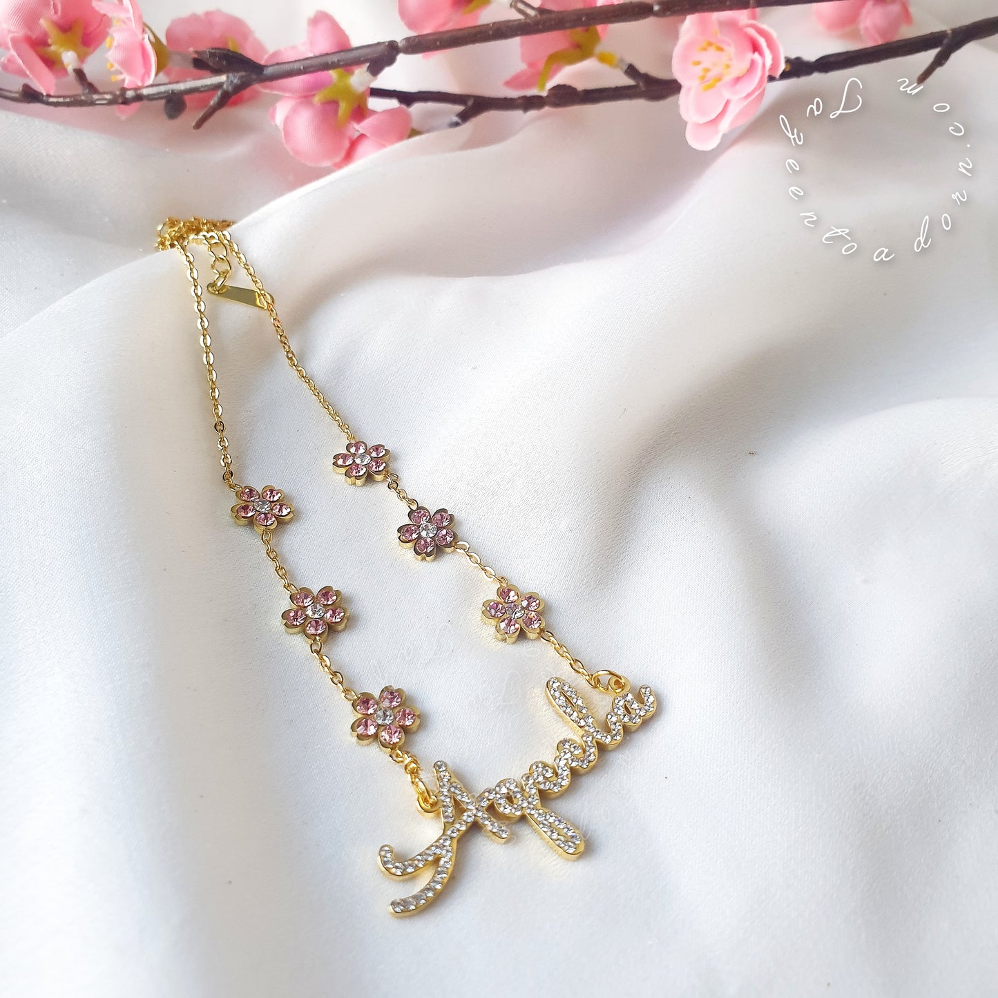 Custom Single Name Necklace - Pink Flower Diamante Faux Diamond - Jewellery Gifts - RANI