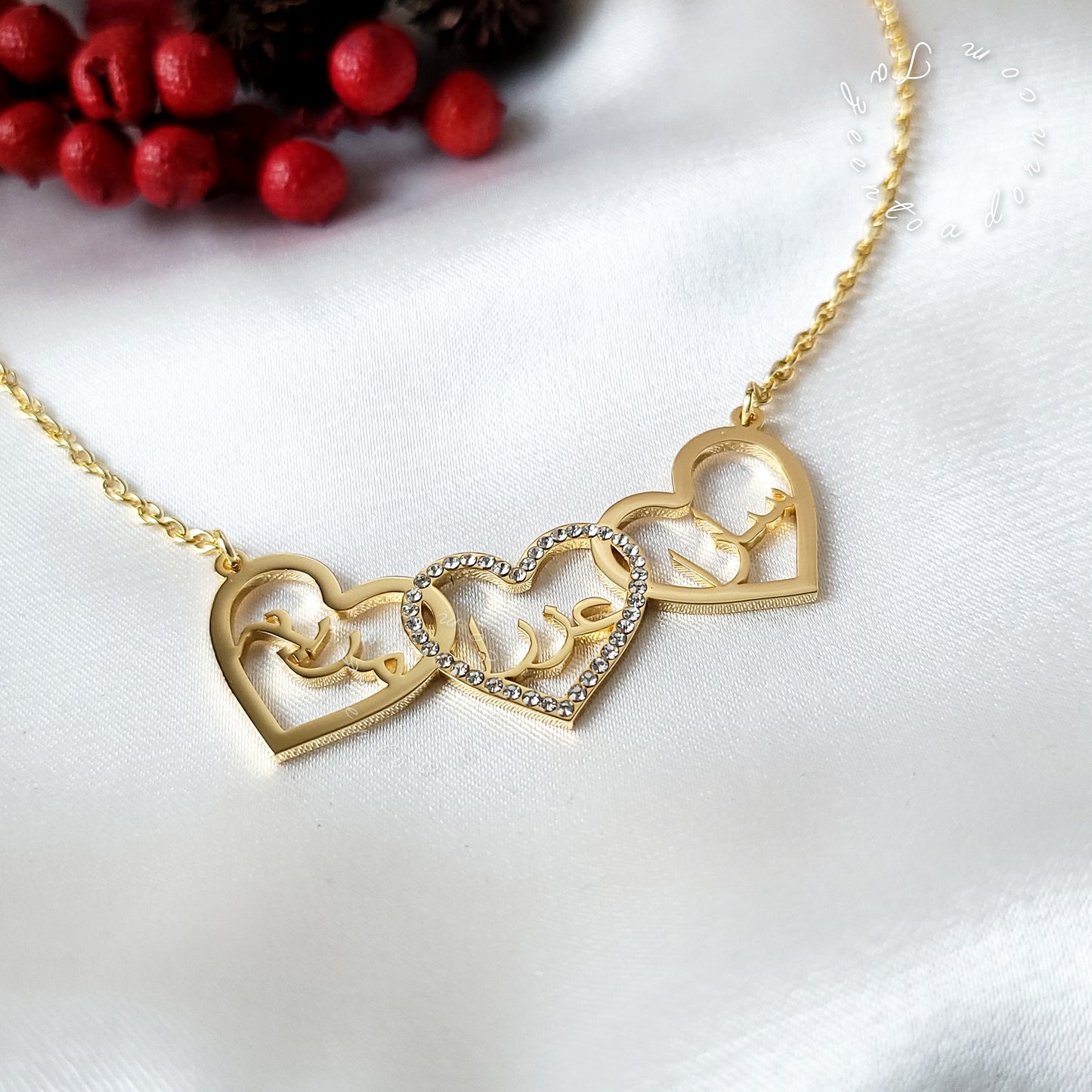 Personalised Custom Necklace Triple Name in Hearts Faux diamond Diamante   - Multiple Three Name Family Gift Jewellery -  FATIMA