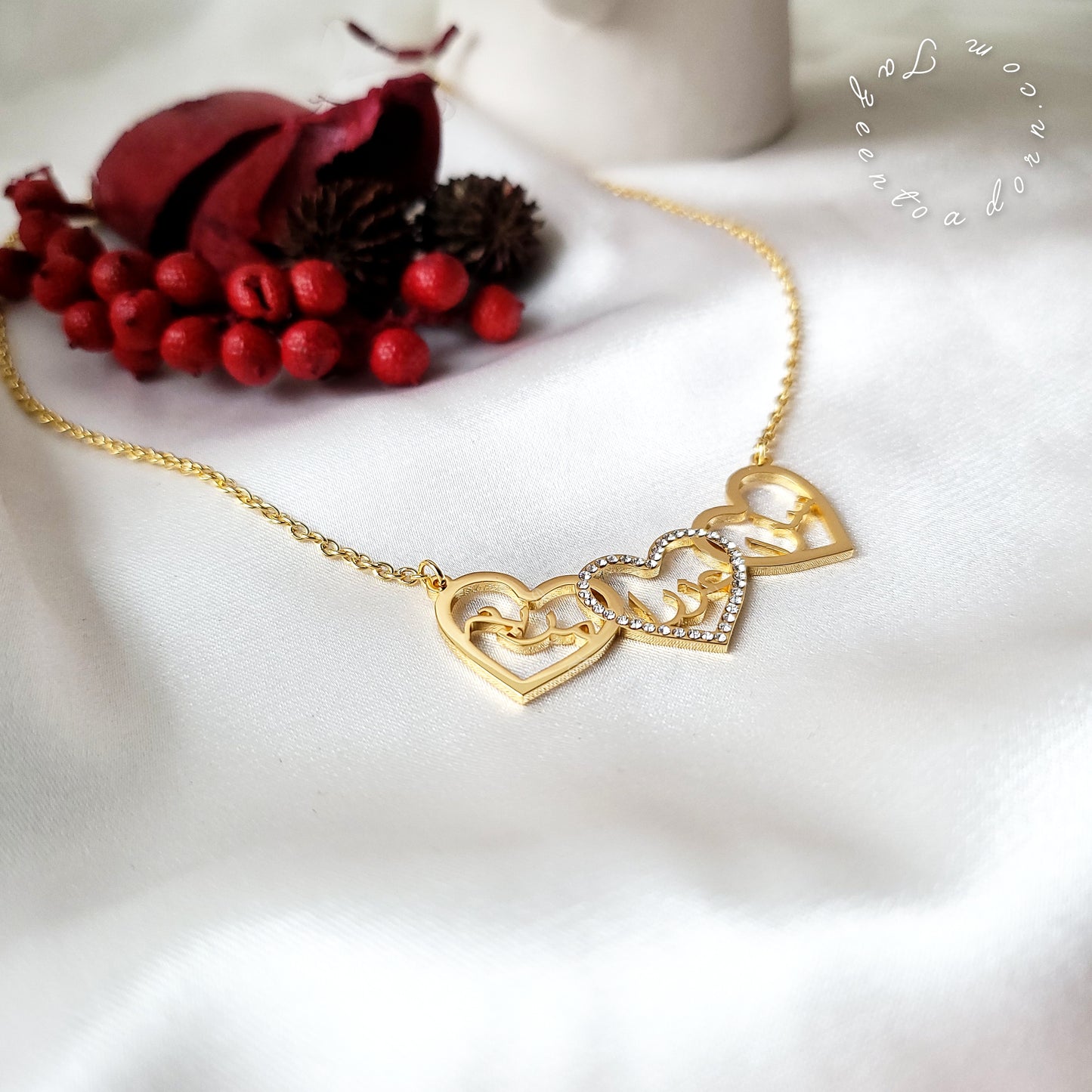 Personalised Custom Necklace Triple Name in Hearts Faux diamond Diamante   - Multiple Three Name Family Gift Jewellery -  FATIMA