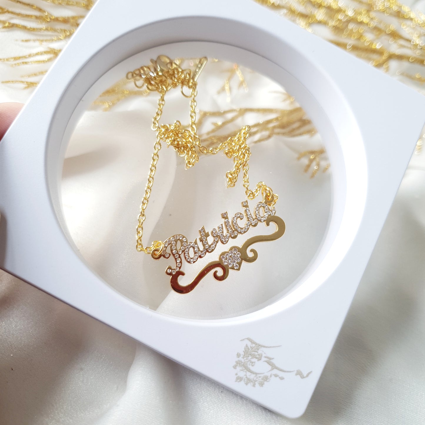 Personalised Custom Double Name Sparkling Diamante Heart with Ribbon Necklace -  Arabic English Eid Jewellery Gift - AISHAH
