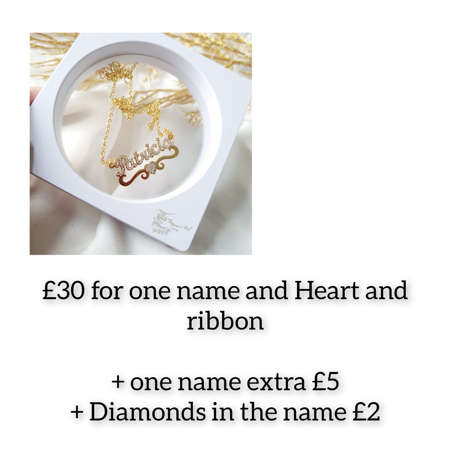 Personalised Custom Double Name Sparkling Diamante Heart with Ribbon Necklace -  Arabic English Eid Jewellery Gift - AISHAH