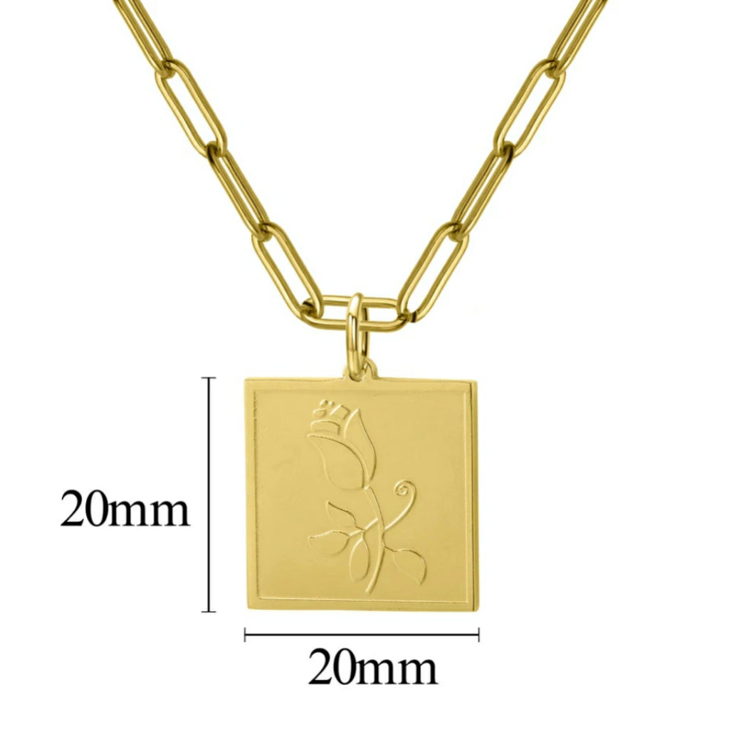 BLOSSOM - Rosa Rose Square Pendant Necklace Engraving Jewellery