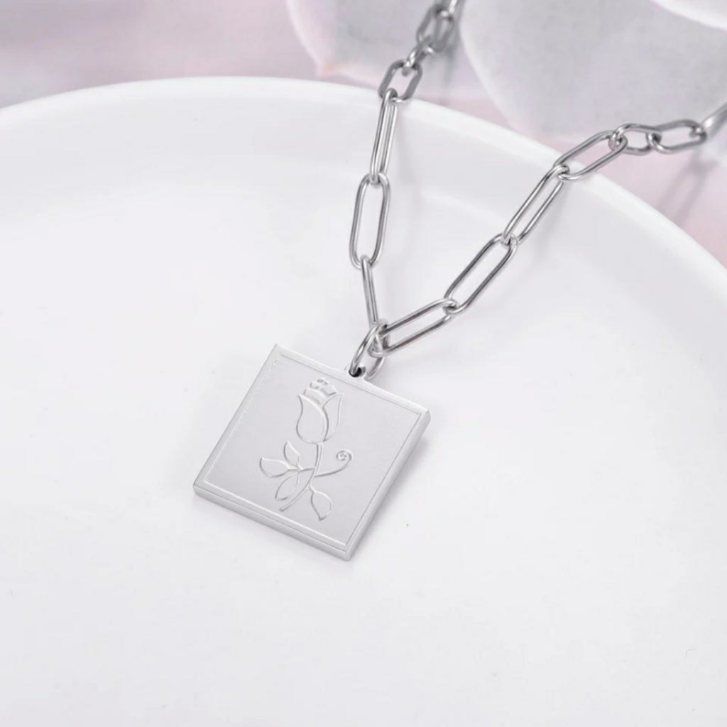 BLOSSOM - Rosa Rose Square Pendant Necklace Engraving Jewellery