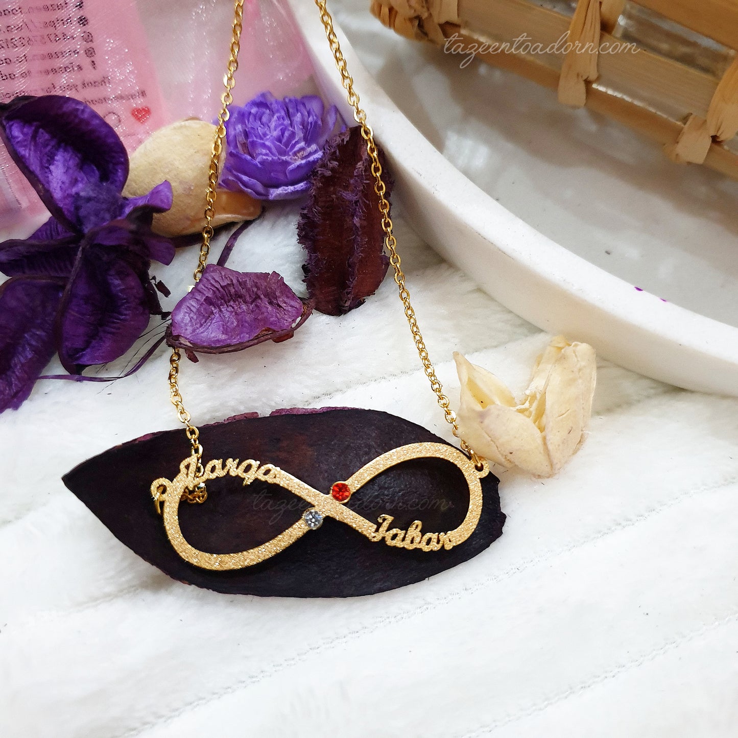 Personalised Double Two Name & Birthstone Infinity Necklace - Maya Love in Arabic or English Couple Jewellery Gift - LEYA